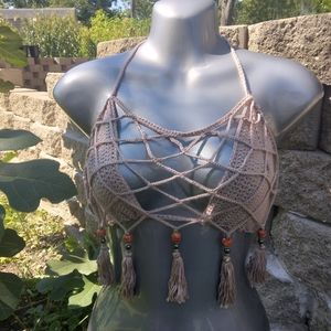 Beachy Fringe Crochet Top in Taupe